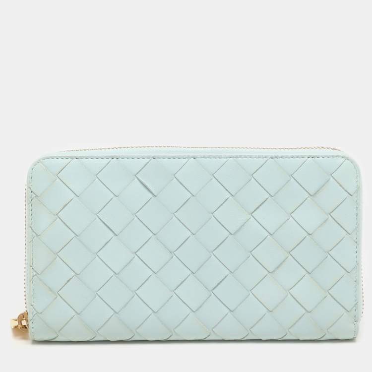 Pre Owned Bottega Veneta Blue Intrecciato Leather Zip Around Wallet
