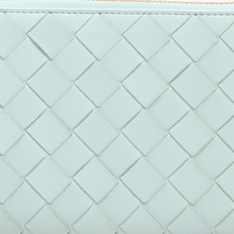 Pre Owned Bottega Veneta Blue Intrecciato Leather Zip Around Wallet