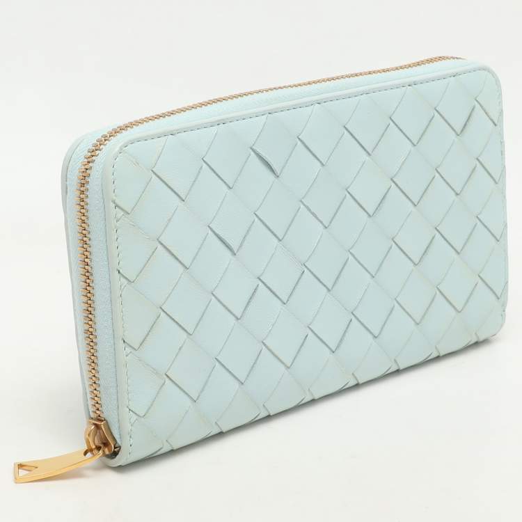 Pre Owned Bottega Veneta Blue Intrecciato Leather Zip Around Wallet