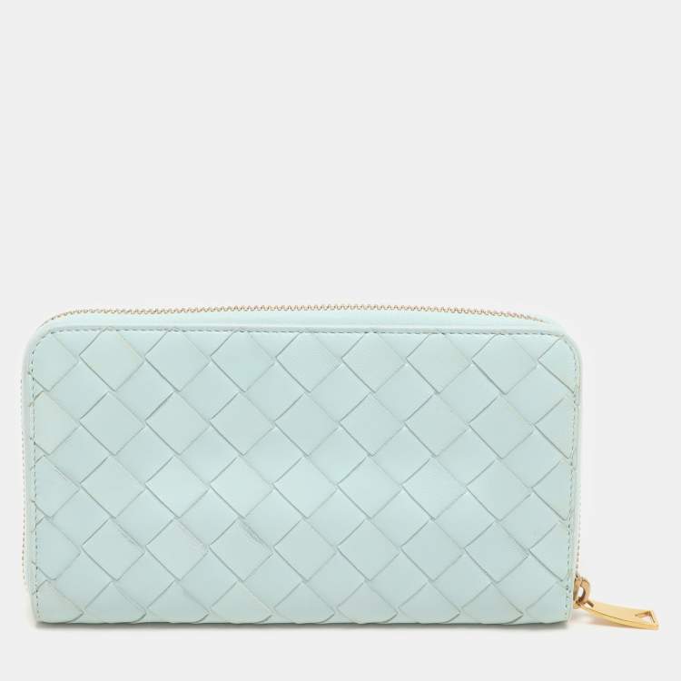 Pre Owned Bottega Veneta Blue Intrecciato Leather Zip Around Wallet