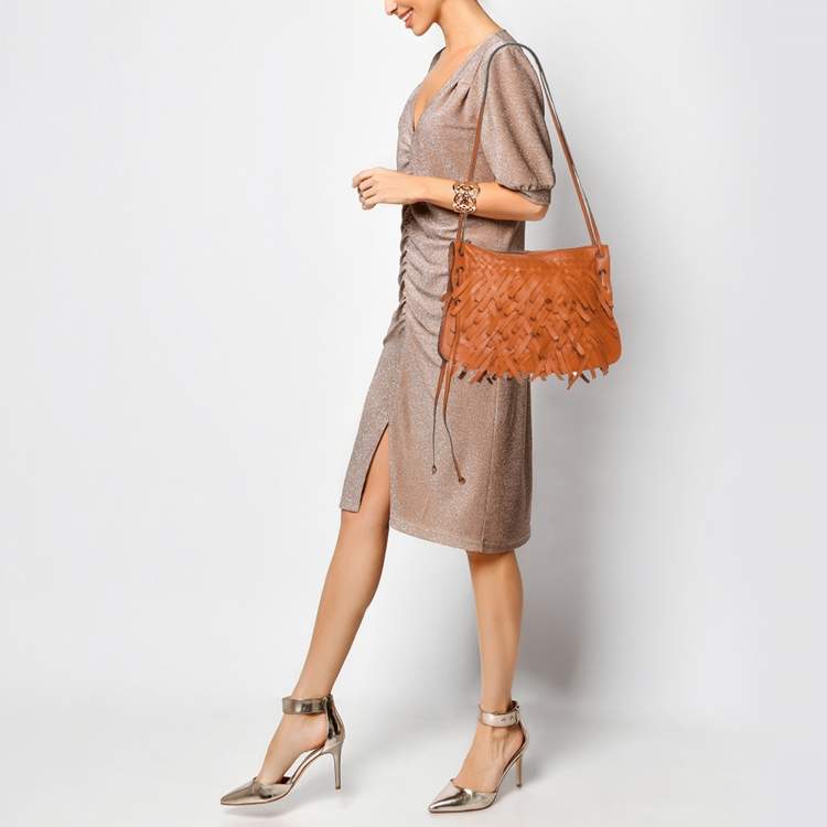 Pre Owned Bottega Veneta Tan Intrecciato Leather Fringe Detail Crossbody Bag