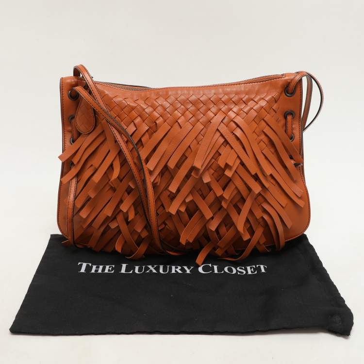Pre Owned Bottega Veneta Tan Intrecciato Leather Fringe Detail Crossbody Bag