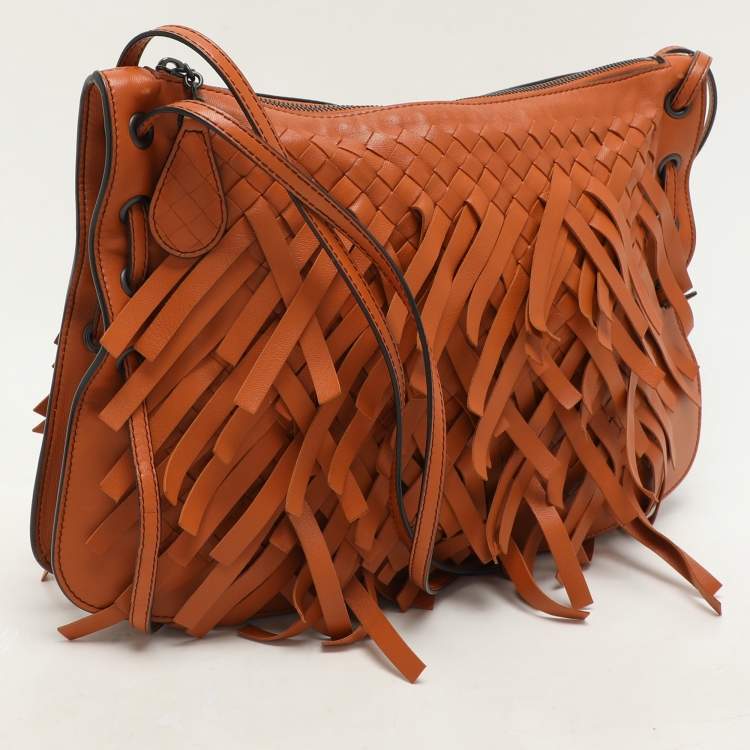 Pre Owned Bottega Veneta Tan Intrecciato Leather Fringe Detail Crossbody Bag