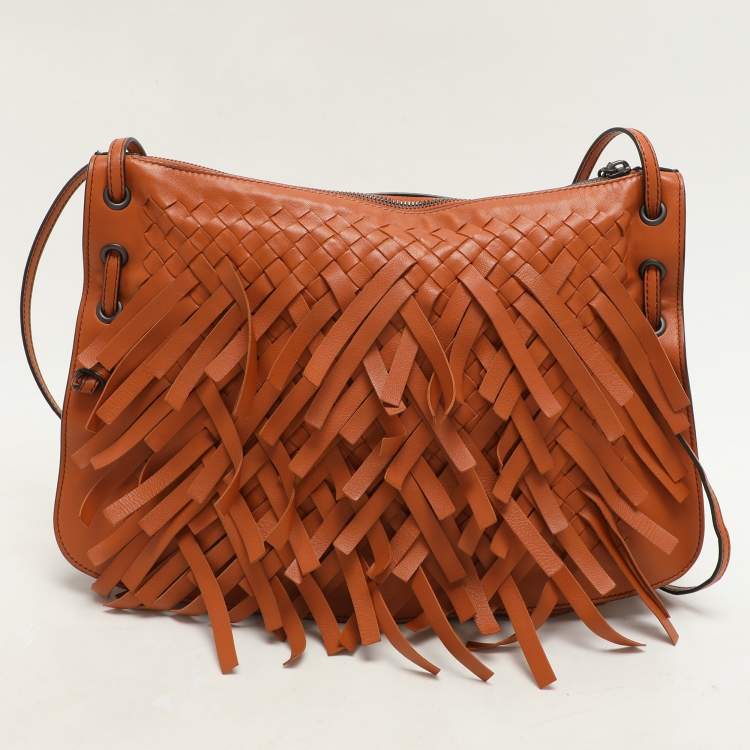 Pre Owned Bottega Veneta Tan Intrecciato Leather Fringe Detail Crossbody Bag