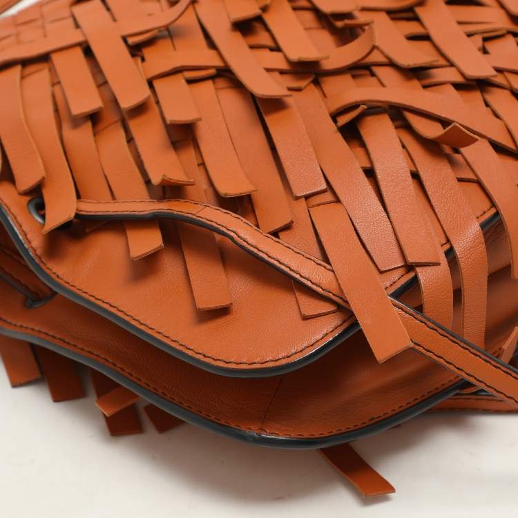 Pre Owned Bottega Veneta Tan Intrecciato Leather Fringe Detail Crossbody Bag