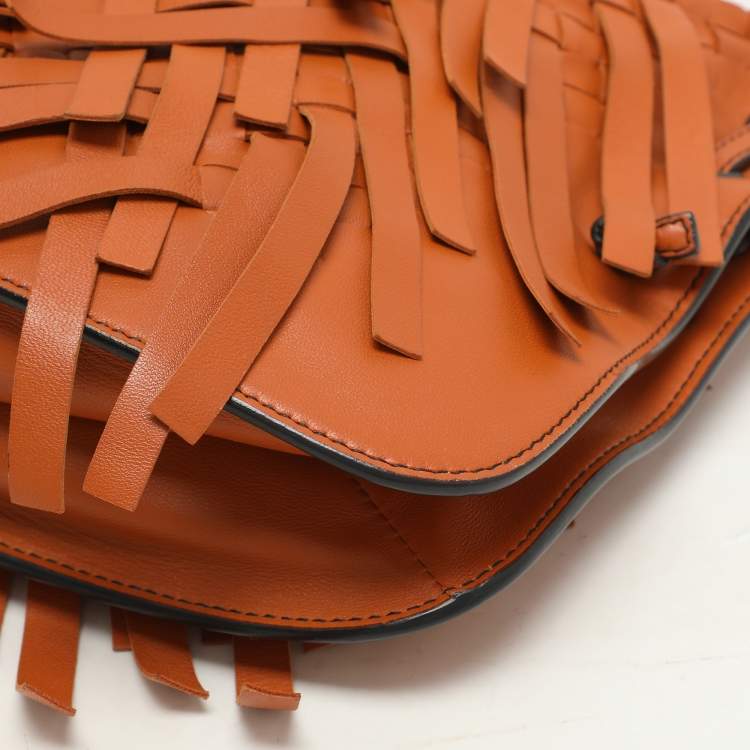 Pre Owned Bottega Veneta Tan Intrecciato Leather Fringe Detail Crossbody Bag