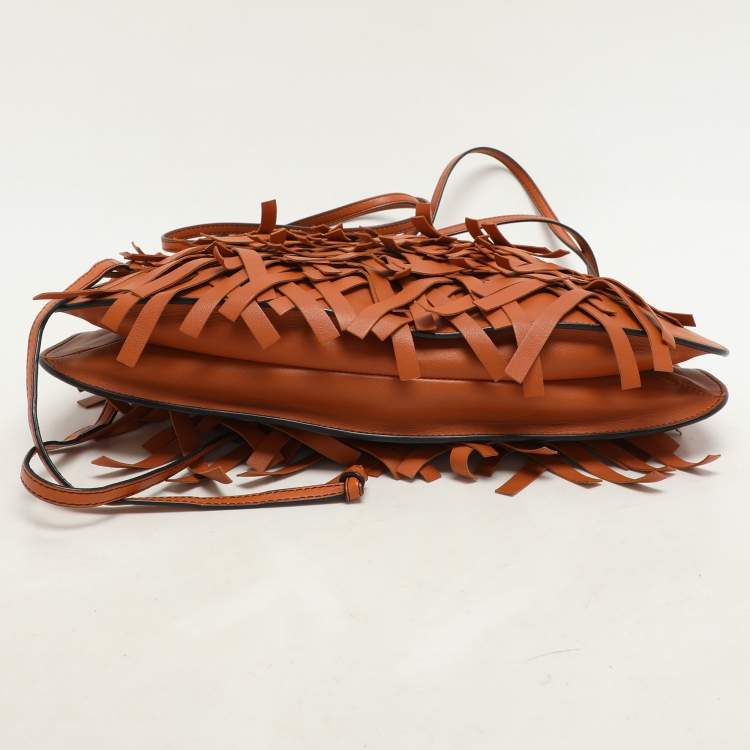 Pre Owned Bottega Veneta Tan Intrecciato Leather Fringe Detail Crossbody Bag
