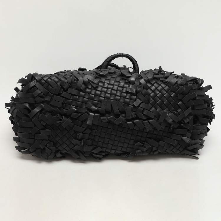Pre Owned Bottega Veneta Black Intrecciato Leather Fringe Patchwork Lido Tote