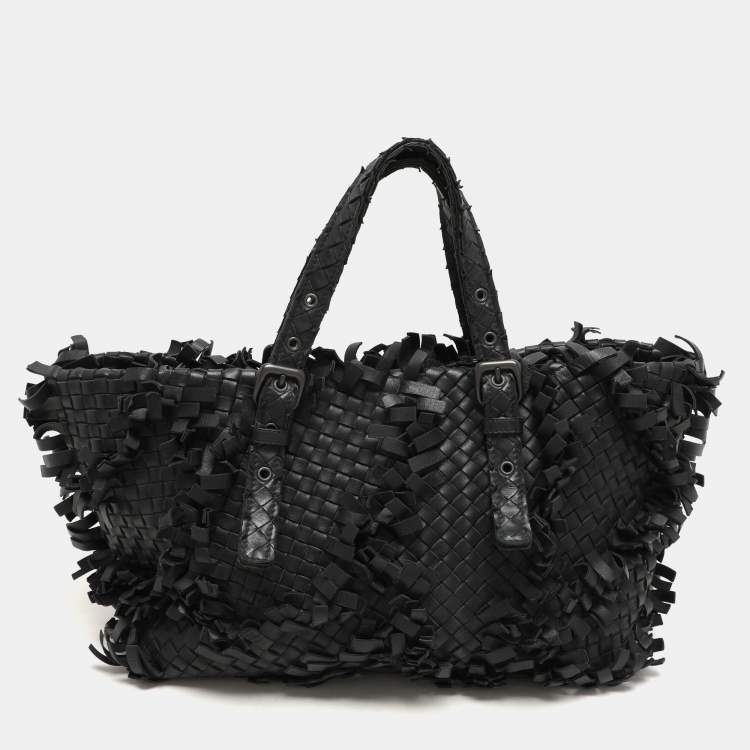 Pre Owned Bottega Veneta Black Intrecciato Leather Fringe Patchwork Lido Tote
