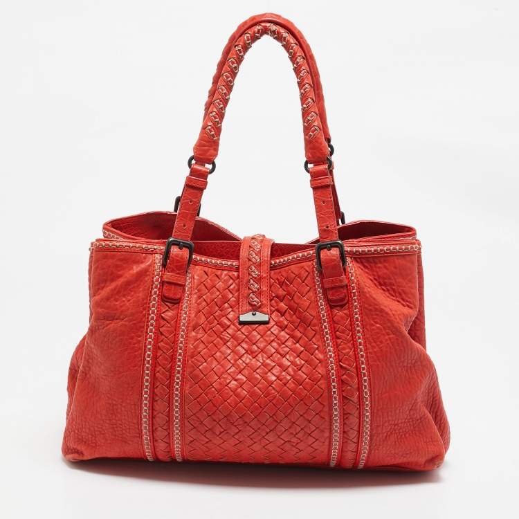 Pre Owned Bottega Veneta Red Intrecciato Pebbled Leather Medium Roma Tote