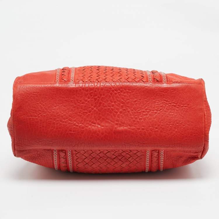 Pre Owned Bottega Veneta Red Intrecciato Pebbled Leather Medium Roma Tote