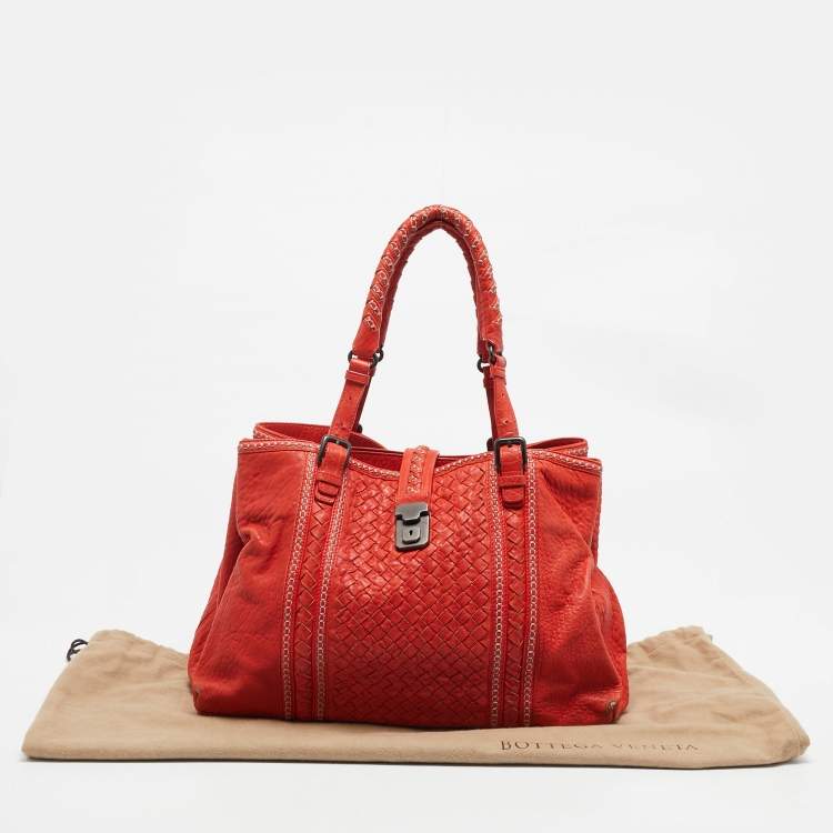 Pre Owned Bottega Veneta Red Intrecciato Pebbled Leather Medium Roma Tote