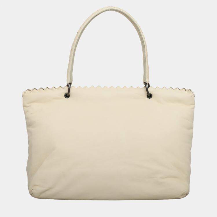 Pre Owned Bottega Veneta Off-White Leather Intrecciato-Trim Top Handle Bag