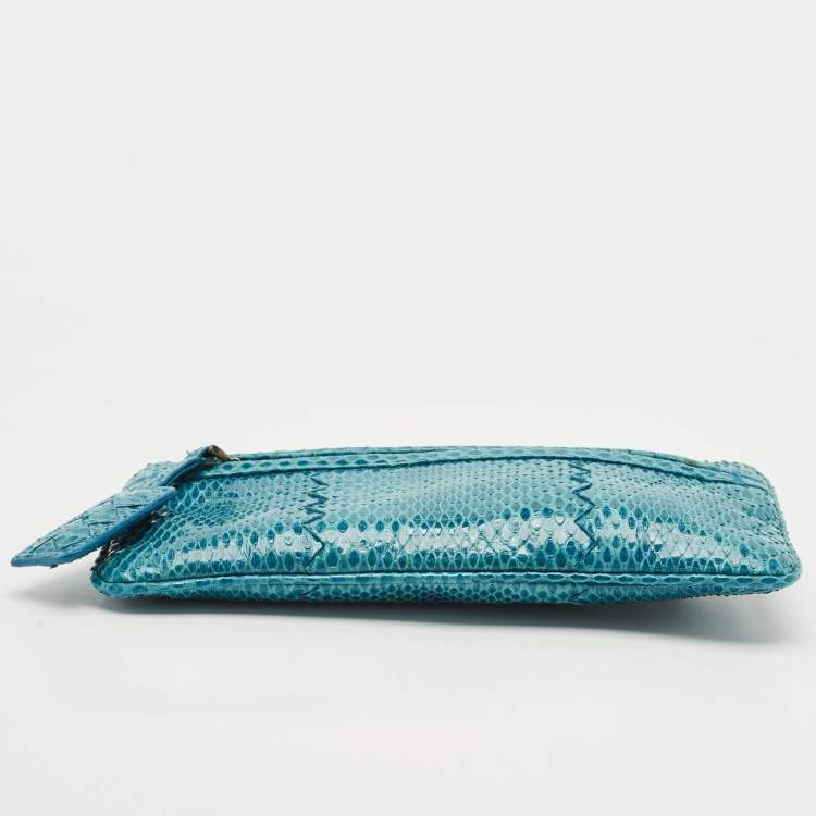 Pre Owned Bottega Veneta Blue Snakeskin Double Zip Clutch