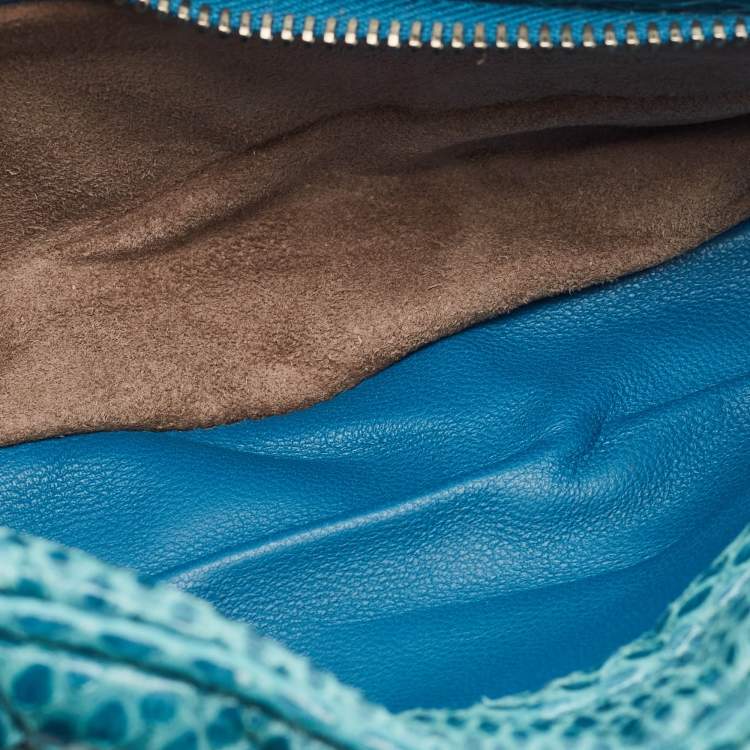 Pre Owned Bottega Veneta Blue Snakeskin Double Zip Clutch