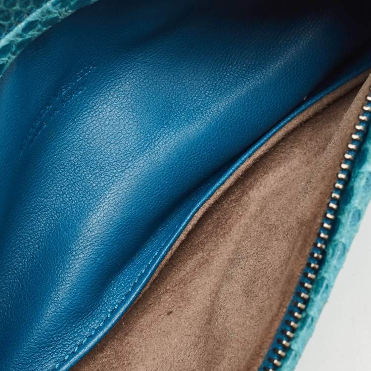 Pre Owned Bottega Veneta Blue Snakeskin Double Zip Clutch