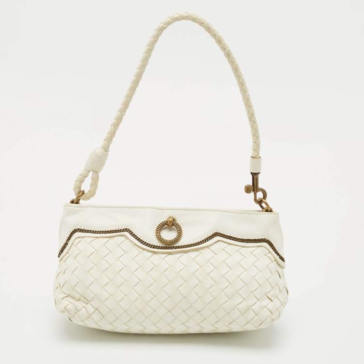 Pre Owned Bottega Veneta White Intrecciato Leather Frame Pochette Bag