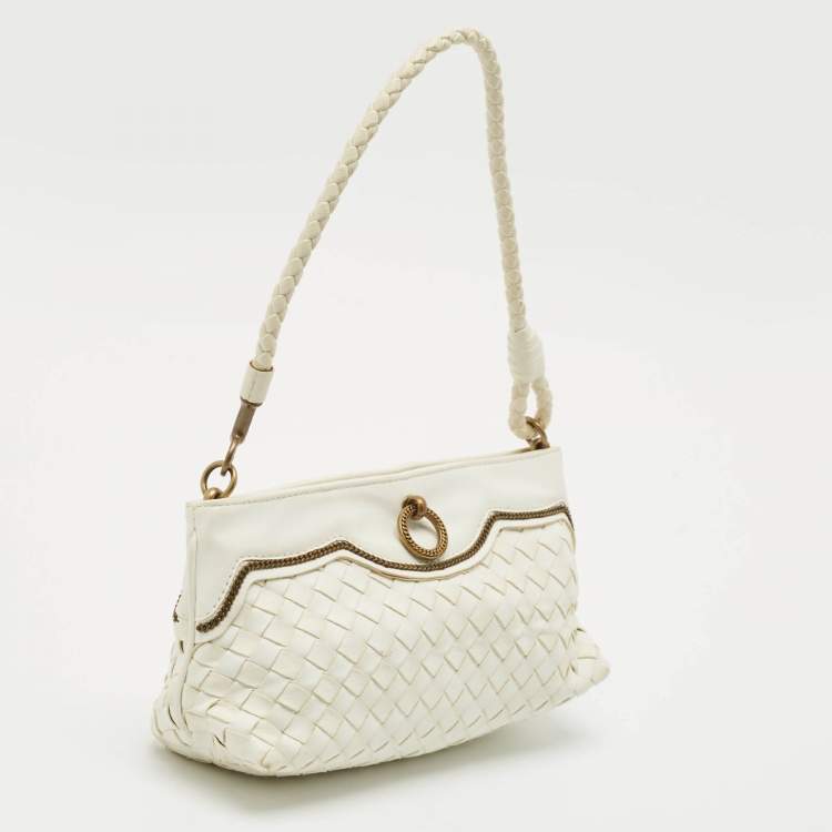 Pre Owned Bottega Veneta White Intrecciato Leather Frame Pochette Bag