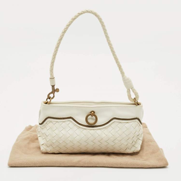 Pre Owned Bottega Veneta White Intrecciato Leather Frame Pochette Bag