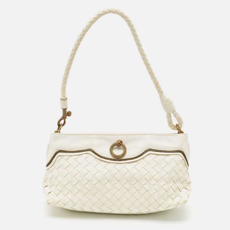 Pre Owned Bottega Veneta White Intrecciato Leather Frame Pochette Bag