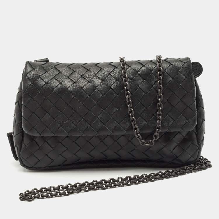 Pre Owned Bottega Veneta Black Intrecciato Leather Mini Flap Chain Crossbody Bag