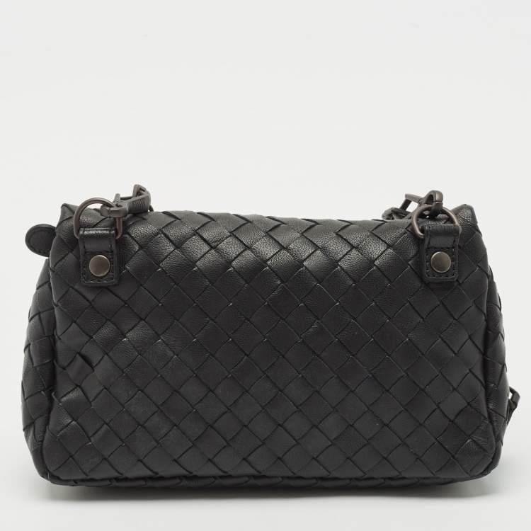 Pre Owned Bottega Veneta Black Intrecciato Leather Mini Flap Chain Crossbody Bag