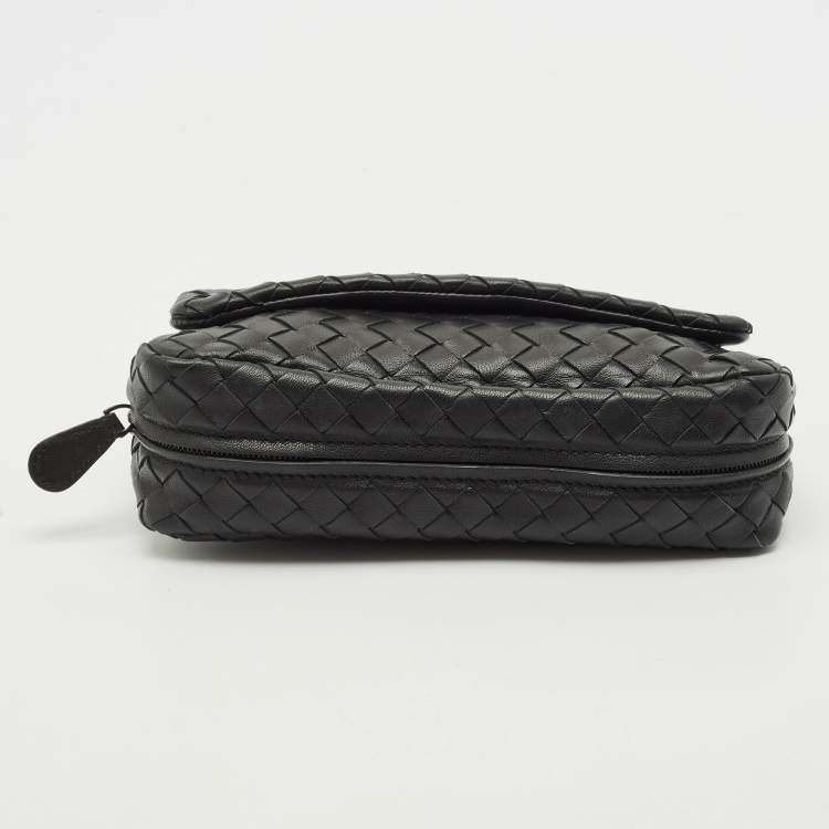 Pre Owned Bottega Veneta Black Intrecciato Leather Mini Flap Chain Crossbody Bag
