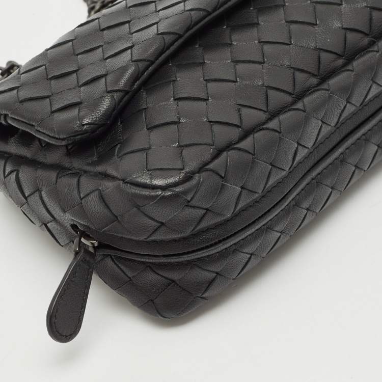 Pre Owned Bottega Veneta Black Intrecciato Leather Mini Flap Chain Crossbody Bag