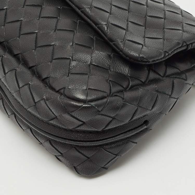 Pre Owned Bottega Veneta Black Intrecciato Leather Mini Flap Chain Crossbody Bag