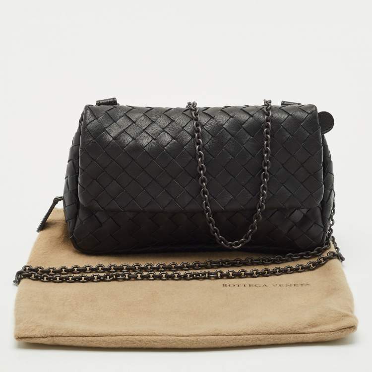 Pre Owned Bottega Veneta Black Intrecciato Leather Mini Flap Chain Crossbody Bag