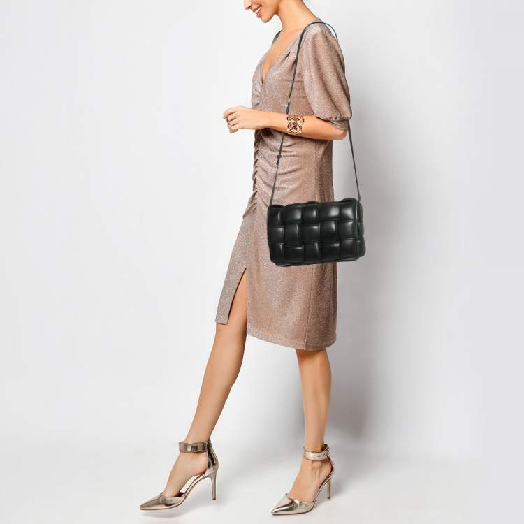 Pre Owned Bottega Veneta Black Intreccio Leather Padded Cassette Shoulder Bag