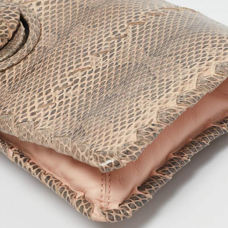 Pre Owned Bottega Veneta Beige/Black Watersnake Turnlock Flap Clutch