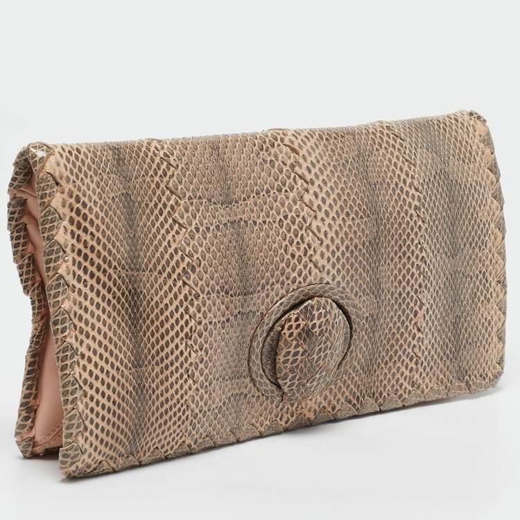 Pre Owned Bottega Veneta Beige/Black Watersnake Turnlock Flap Clutch