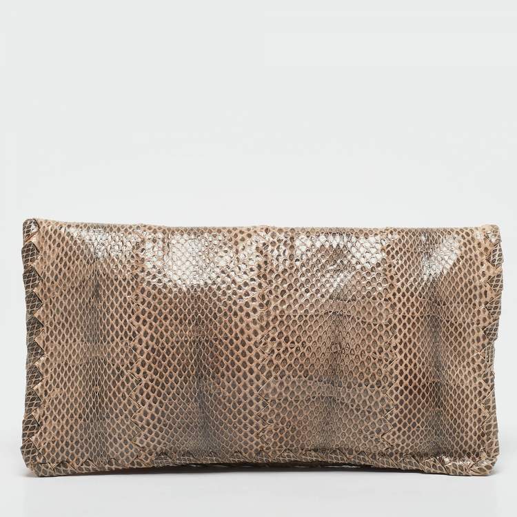 Pre Owned Bottega Veneta Beige/Black Watersnake Turnlock Flap Clutch