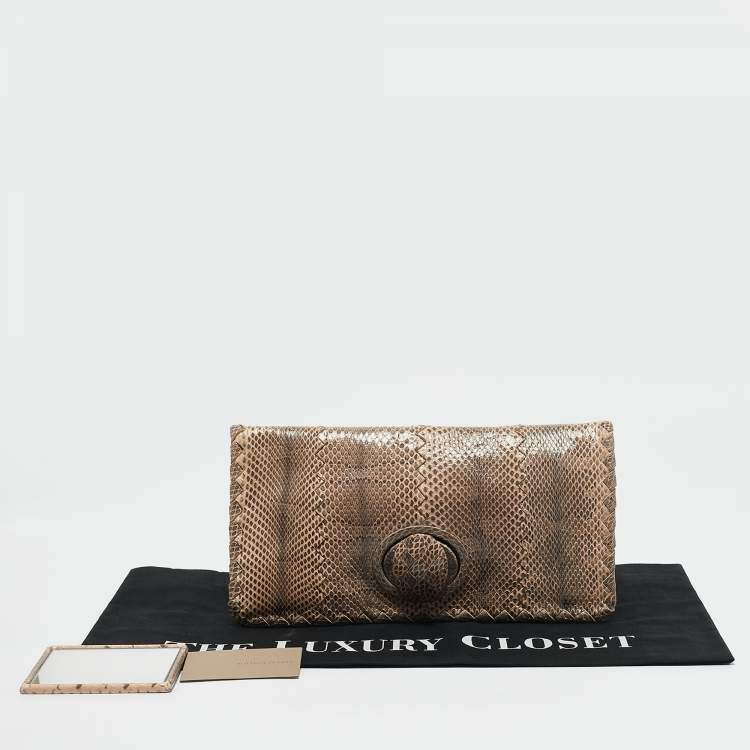 Pre Owned Bottega Veneta Beige/Black Watersnake Turnlock Flap Clutch