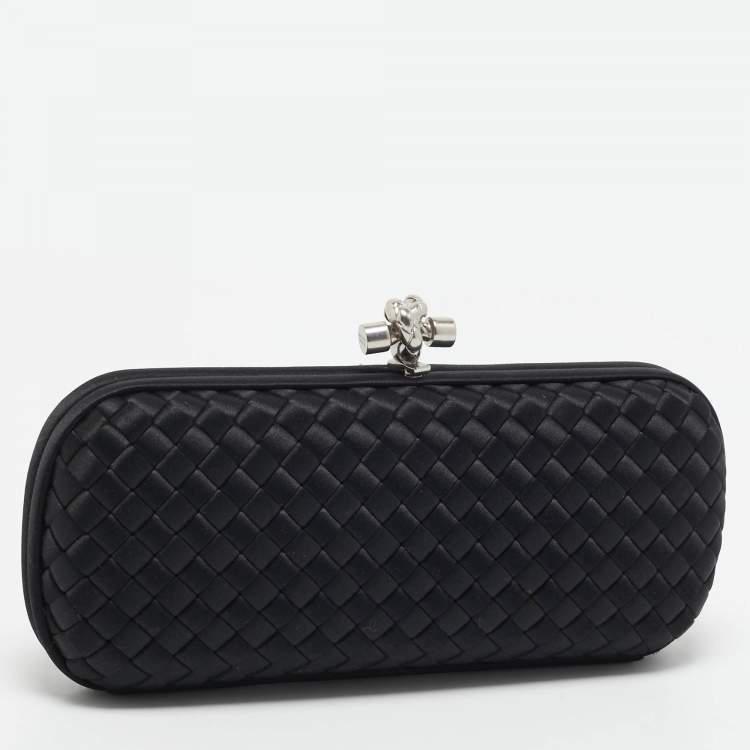 Pre Owned Bottega Veneta Black Intrecciato Satin Stretch Knot Clutch