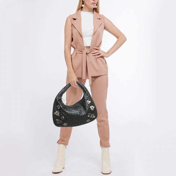 Pre Owned Bottega Veneta Black/Metallic Grey Intrecciato Leather Medium Applique Veneta Hobo