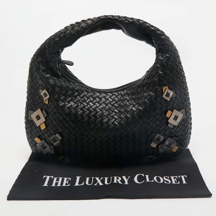 Pre Owned Bottega Veneta Black/Metallic Grey Intrecciato Leather Medium Applique Veneta Hobo