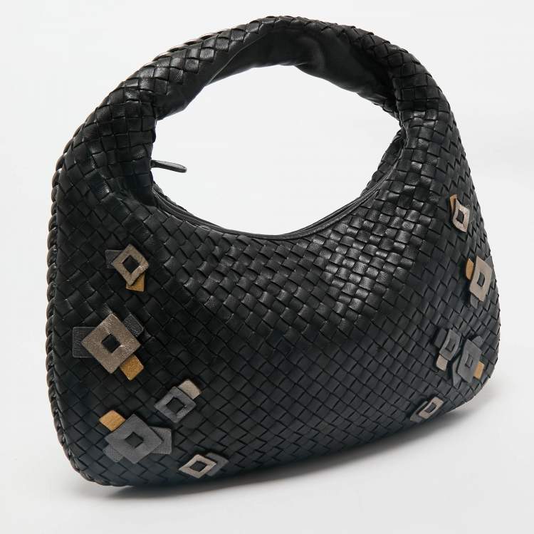 Pre Owned Bottega Veneta Black/Metallic Grey Intrecciato Leather Medium Applique Veneta Hobo