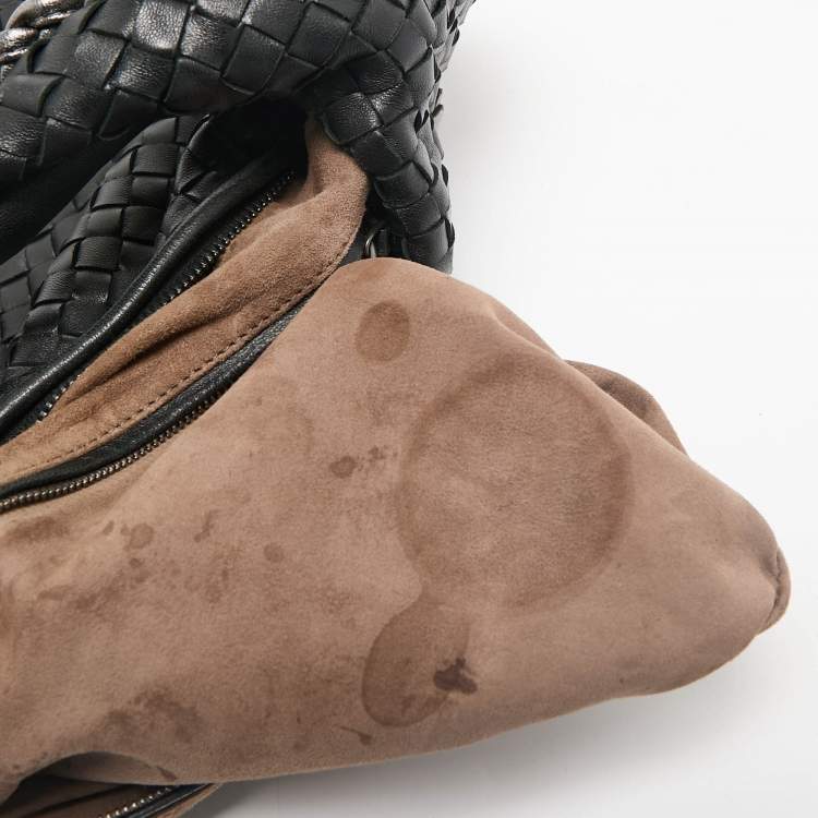 Pre Owned Bottega Veneta Black/Metallic Grey Intrecciato Leather Medium Applique Veneta Hobo