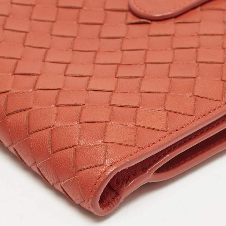 Pre Owned Bottega Veneta Orange Intrecciato Leather Compact Wallet