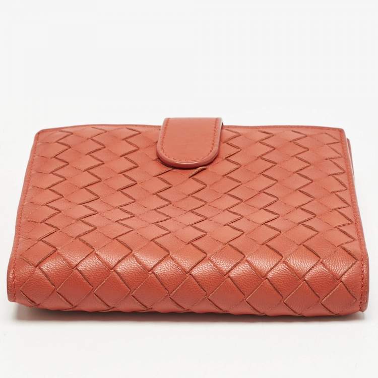 Pre Owned Bottega Veneta Orange Intrecciato Leather Compact Wallet