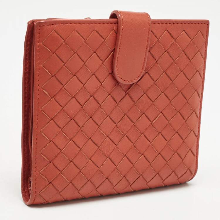 Pre Owned Bottega Veneta Orange Intrecciato Leather Compact Wallet
