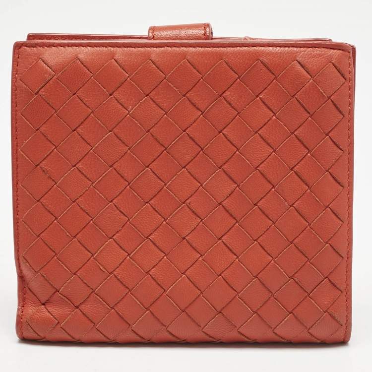 Pre Owned Bottega Veneta Orange Intrecciato Leather Compact Wallet
