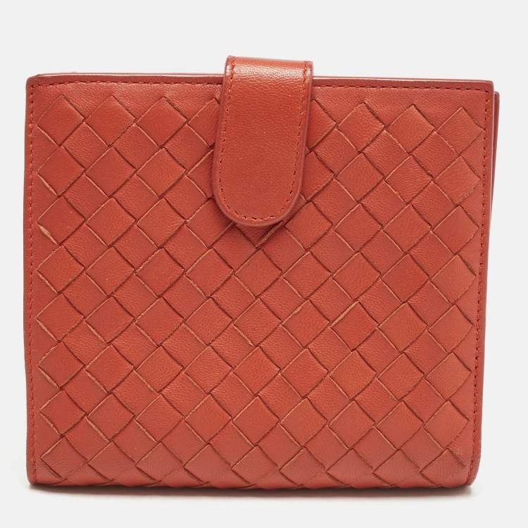 Pre Owned Bottega Veneta Orange Intrecciato Leather Compact Wallet