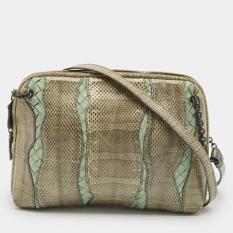 Pre Owned Bottega Veneta Green Intrecciato Leather and Snakeskin Nodini Crossbody Bag
