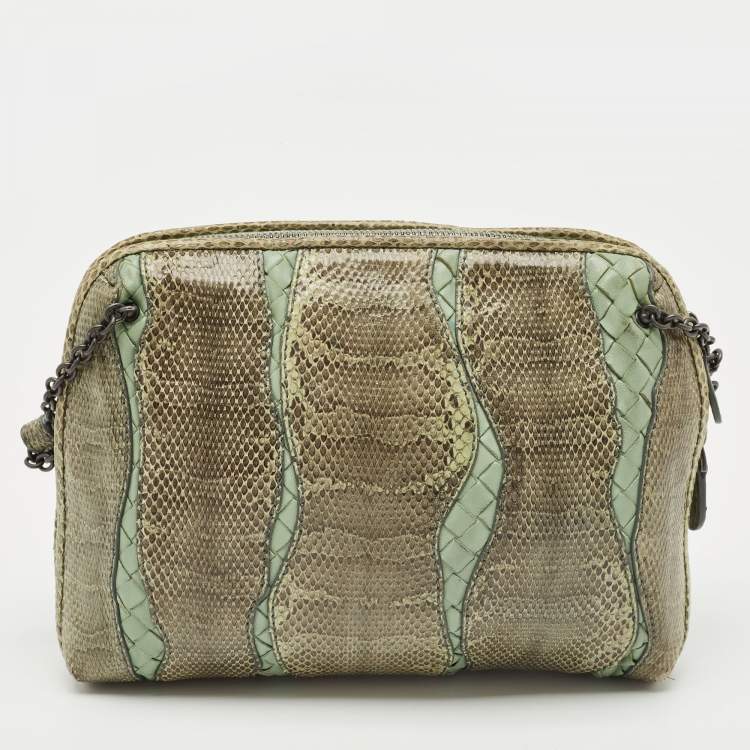 Pre Owned Bottega Veneta Green Intrecciato Leather and Snakeskin Nodini Crossbody Bag