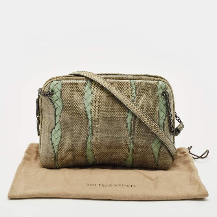 Pre Owned Bottega Veneta Green Intrecciato Leather and Snakeskin Nodini Crossbody Bag