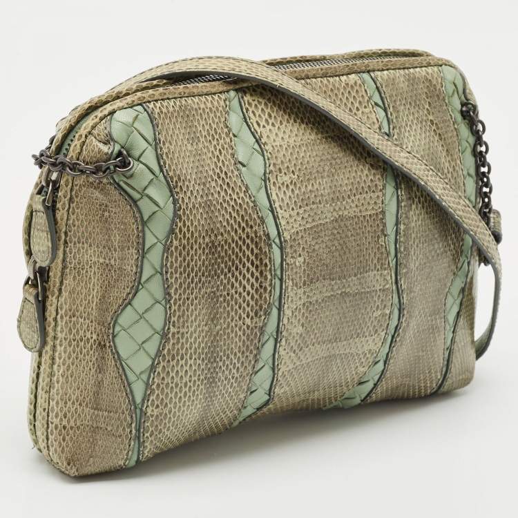 Pre Owned Bottega Veneta Green Intrecciato Leather and Snakeskin Nodini Crossbody Bag