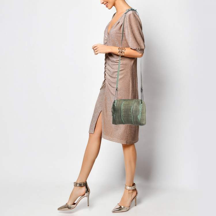 Pre Owned Bottega Veneta Green Intrecciato Leather and Snakeskin Nodini Crossbody Bag